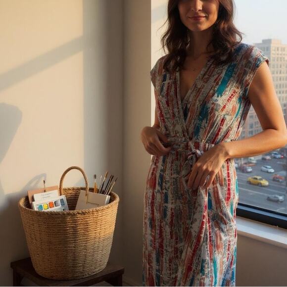 Catherine Malandrino Silk Tie Wrap Dress Blue Print Pleated Casual Womens 10 - Picture 1 of 8